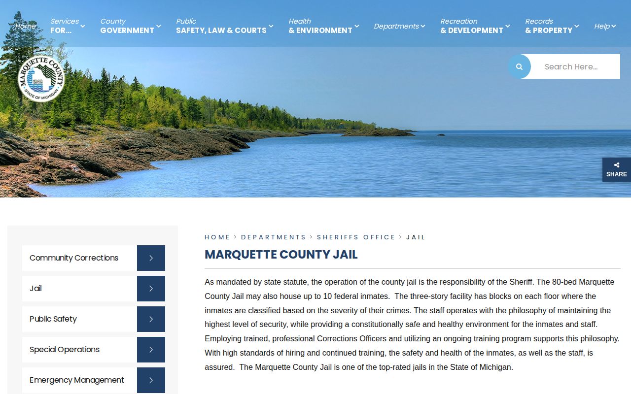 Marquette County Jail release and current custody services page