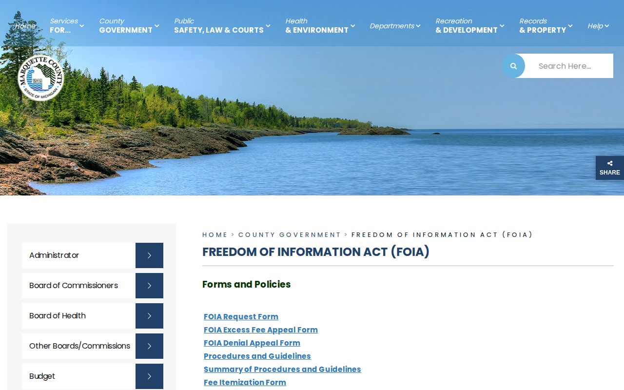 Marquette County released inmates FOIA records request page