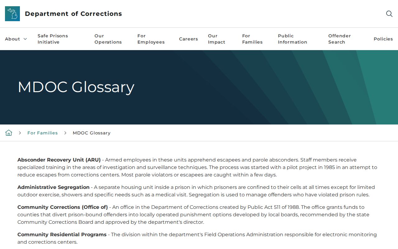 Marquette County inmate release date terms in the MDOC glossary