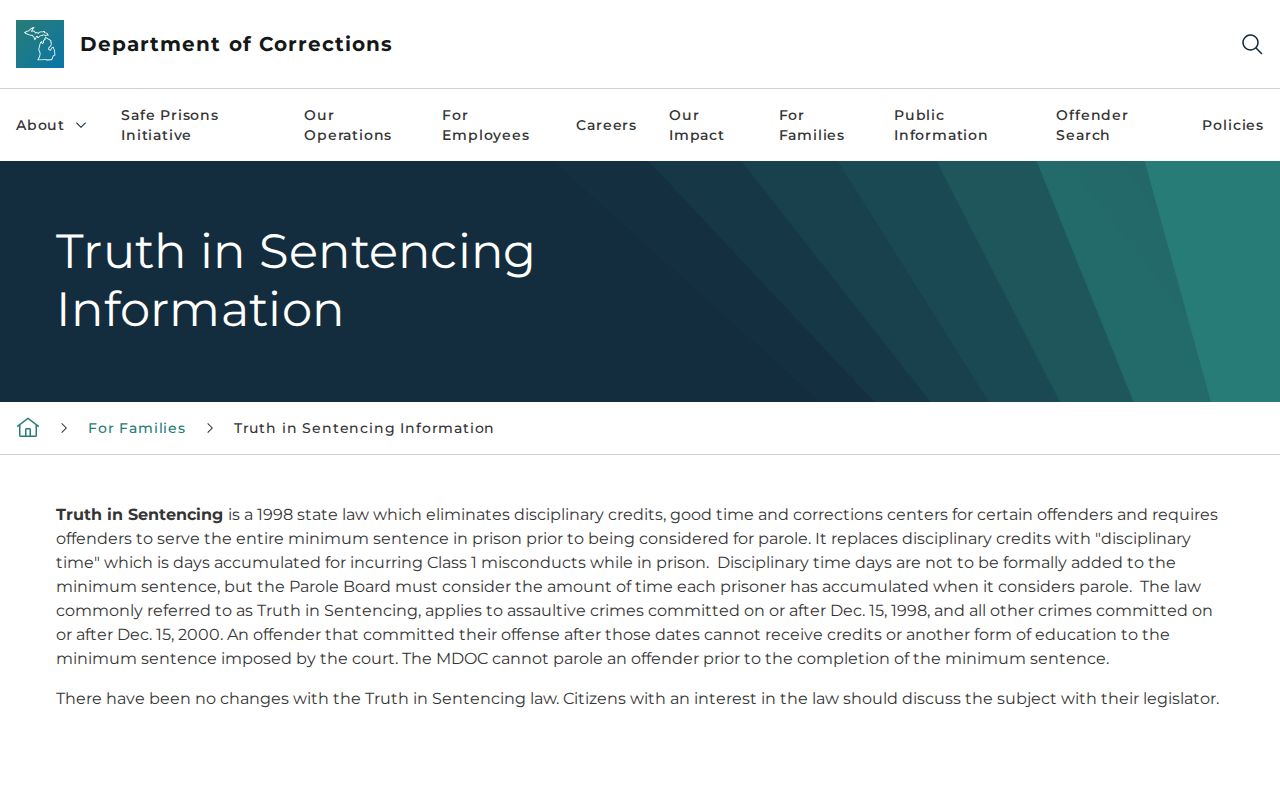 Michigan truth in sentencing rules for Marquette County projected release dates