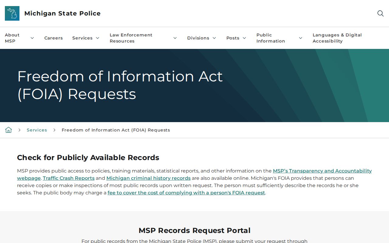 Michigan State Police FOIA route relevant to released mugshot records